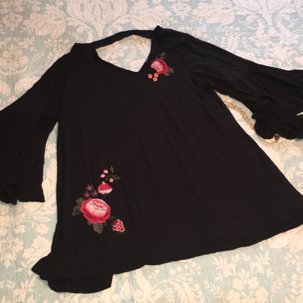 Rose and Olive Bell Sleeve Embroidered Tunic 1X